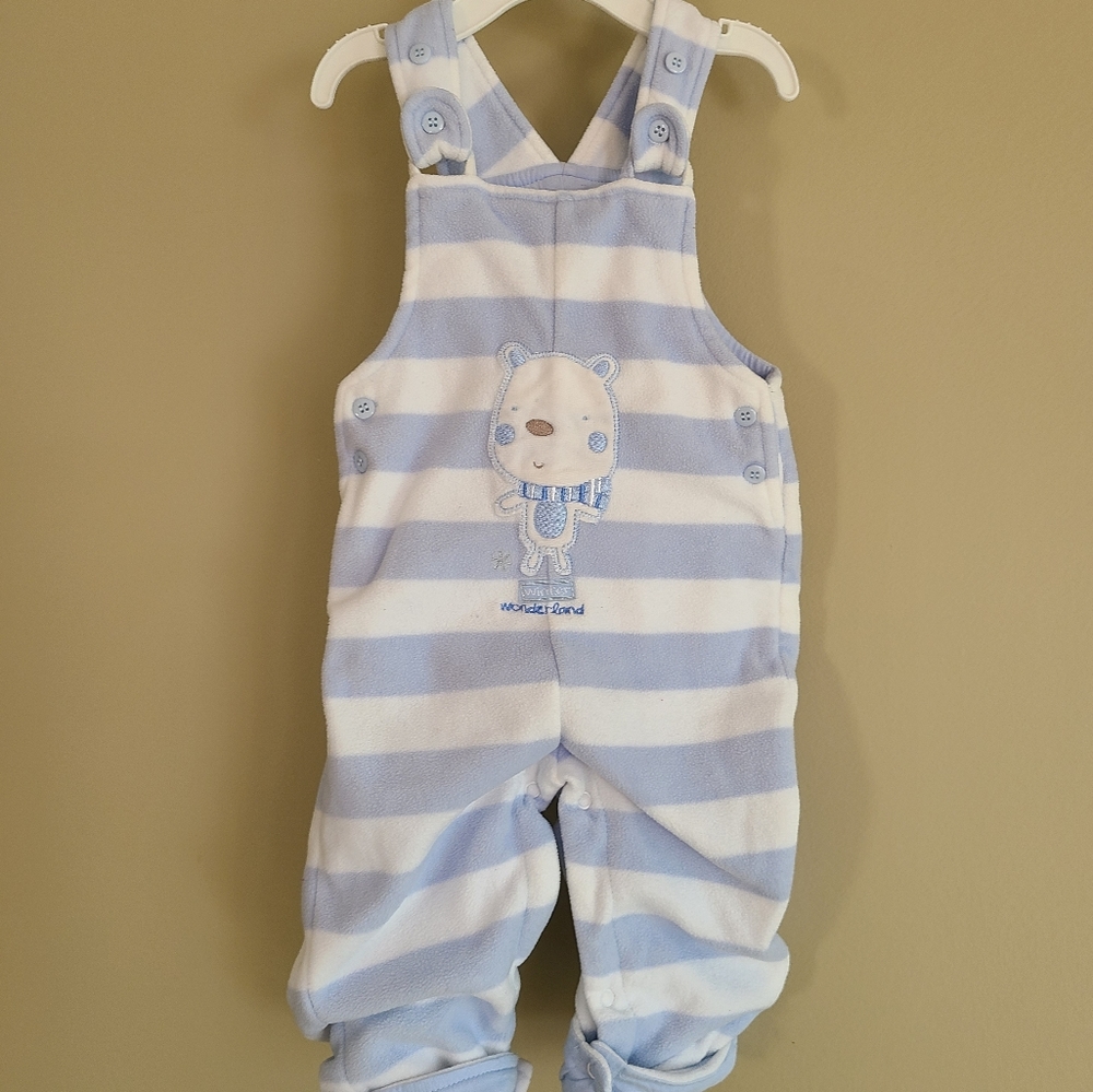 Light blue and white striped soft fleece lined overalls